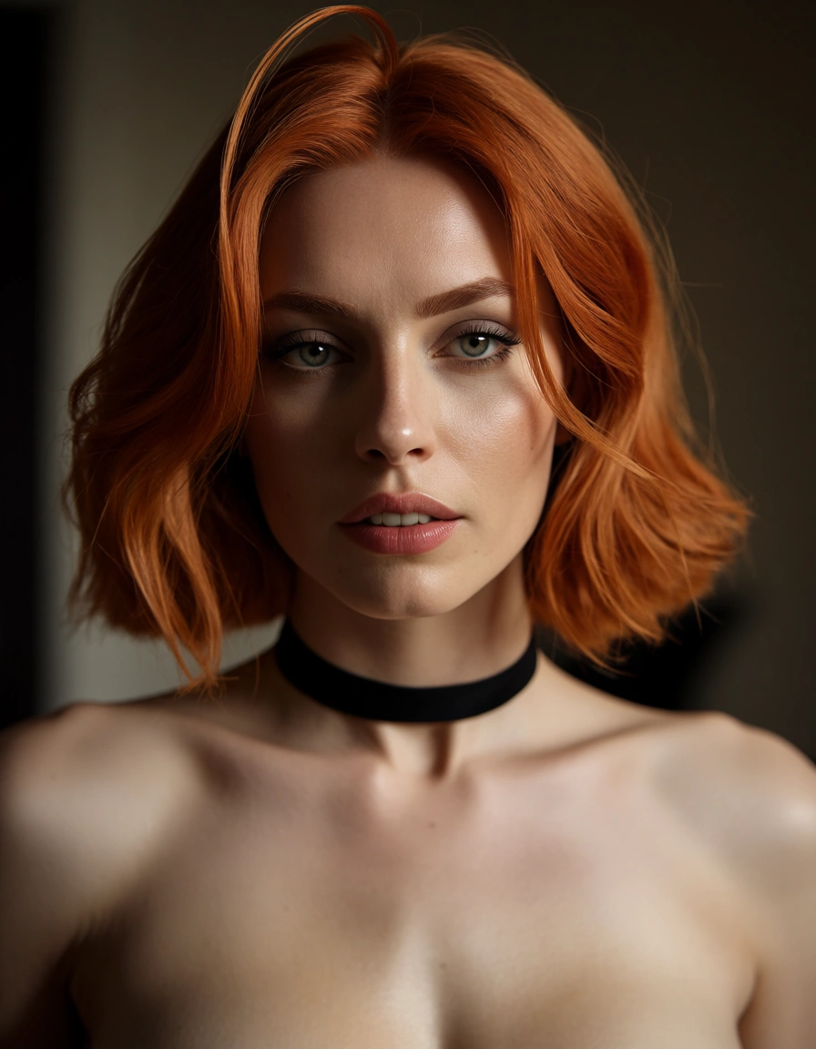 RAW photo, ultra realistic, redhead woman, ahoge, choker, topless, film photography, score_9, score_8, candid photo, realistic skin texture, visible skin pores, film grain, depth of field