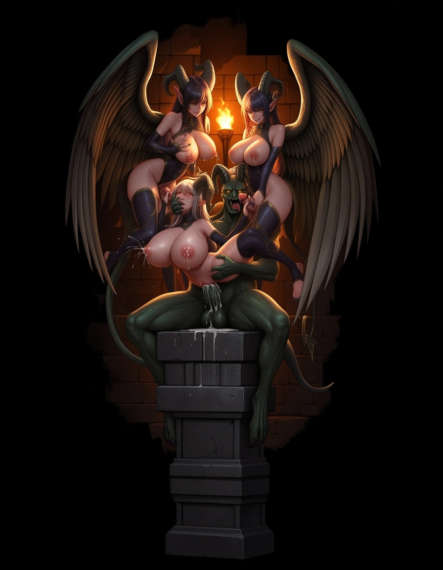 best quality, polished, gargoyle, wings, human face, detached sleeves, intense passion, breasts_out, lactation, gangbang, multiple_girls, handjob, sex, smirk, toenail_polish, cracked skin, horny, dungeon walls, torchlight, sitting on stone pilar,,, hentai_studio_quality
