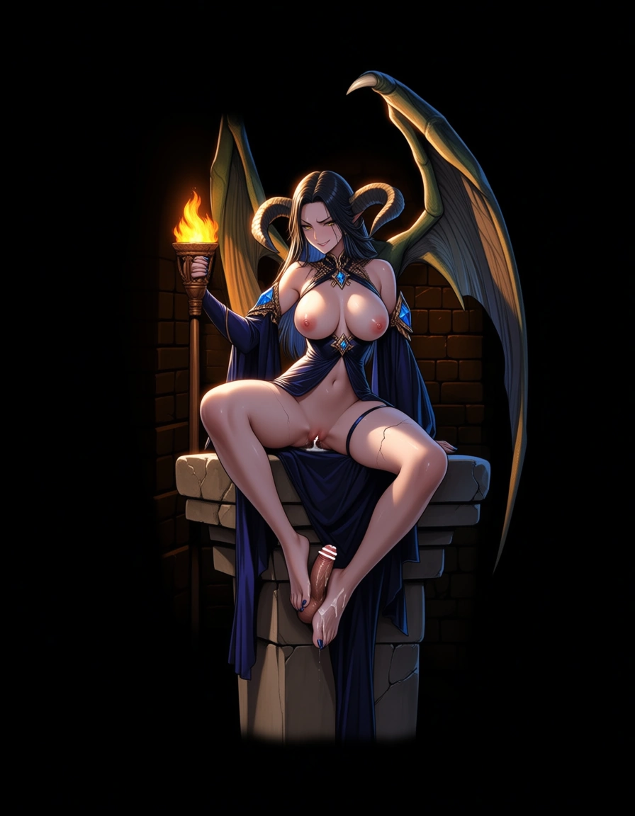 best quality, polished, gargoyle, wings, made out of Stone and diamonds, human face, detached sleeves, dress, jewelry, chest_jewel, intense passion, breasts_out, footjob, handjob, sex pussy, anal_object_insertion with rockdick, cum on feet, smirk, toenail_polish, cracked skin, horny, pussy, pussy drip, dungeon walls, torchlight, sitting on stone pilar,, hentai_studio_quality, hentai_studio_quality