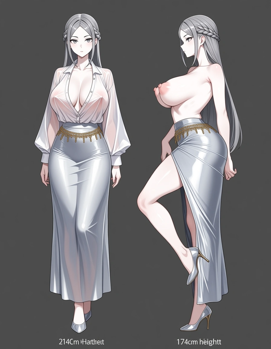 Woman is 21 years old white skin with back length gray hair with a crown in braids, beautiful tone body with perky breasts and erect nipples. Grey eyes. 174cm height. Wearing no bra, panties or shoes. Shirt is a transparent silk blouse with a low cut neck, and a single button, you can see her midrift. Skirt is a silver silk skirt that she has kicked up on her right. With a gold waist chain, hentai_studio_quality
