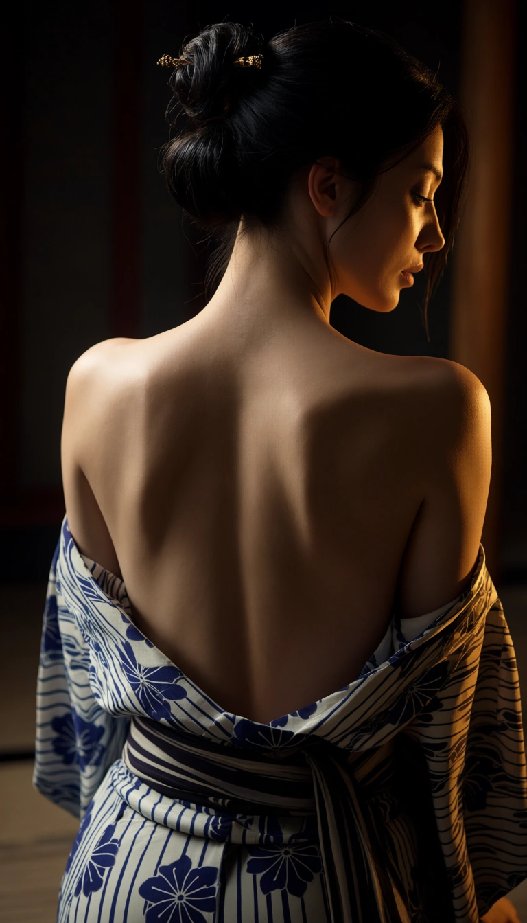 RAW photo, ultra realistic, milf, black hair, japanese clothes, stripping, backlit, natural skin texture