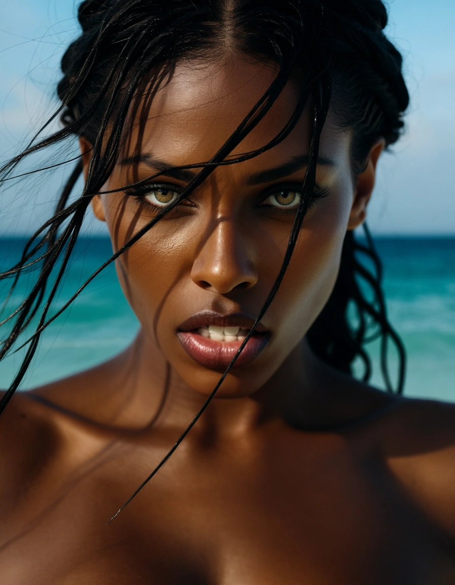 professional photo, high detail, extreme close-up, princess, topless, dark skin, ocean, intense passion, RAW photo, score_9, score_8, candid photo, realistic skin texture, visible skin pores, film grain, depth of field