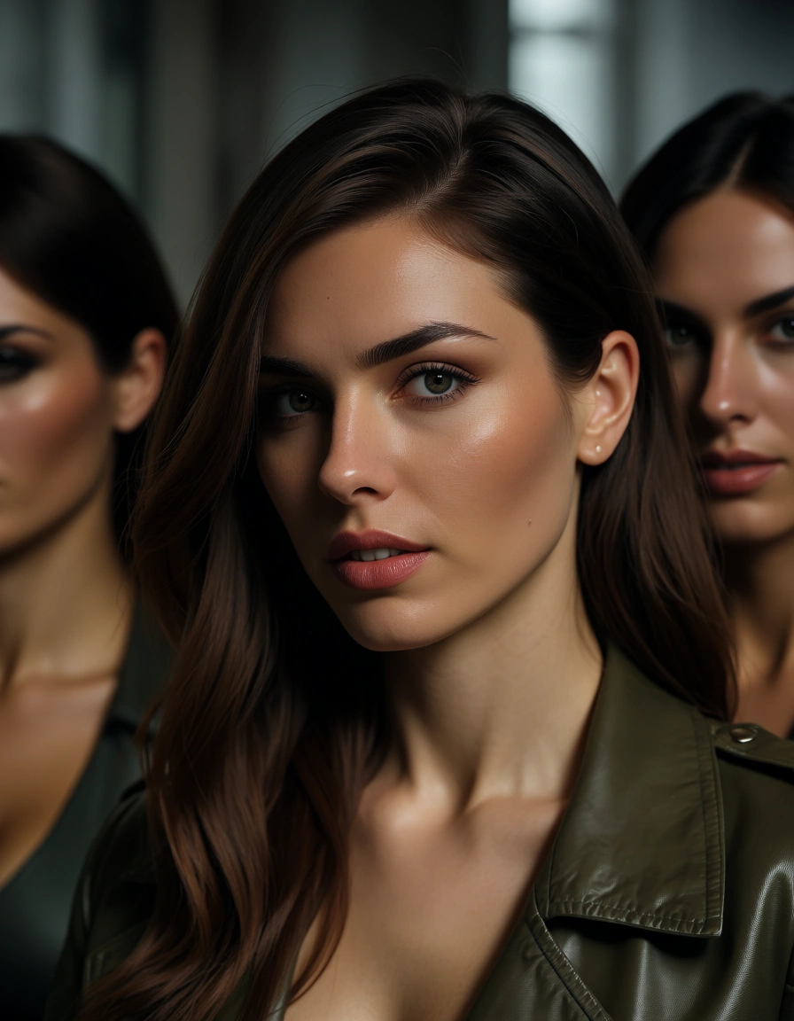 highly detailed, natural lighting, 4women, swept bangs, jacket, facesitting, cinematic realism, score_9, score_8, candid photo, realistic skin texture, visible skin pores, film grain, depth of field