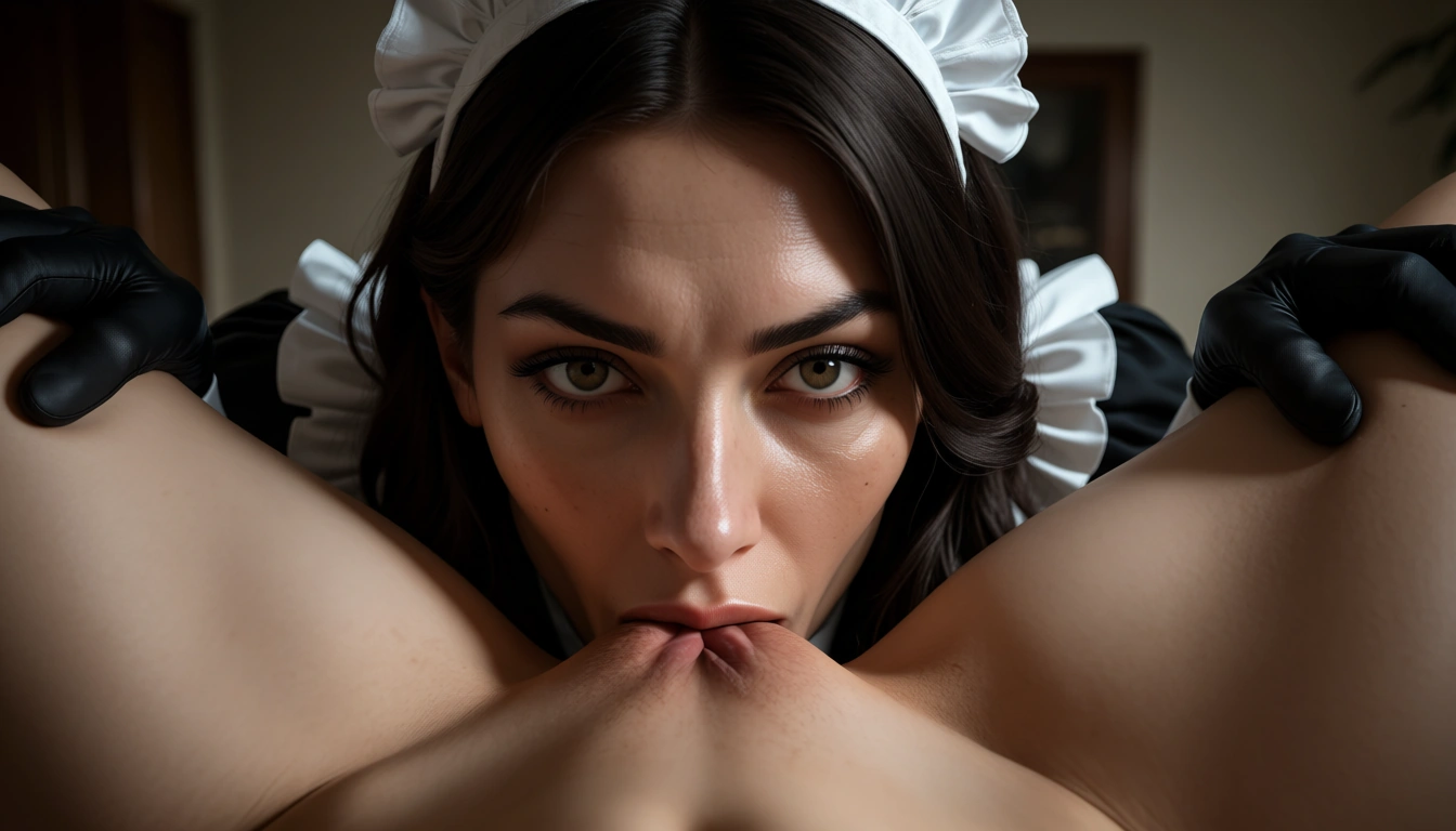 genuine look, high detail, POV, maid, thighs, black gloves, cunnilingus, unfiltered look