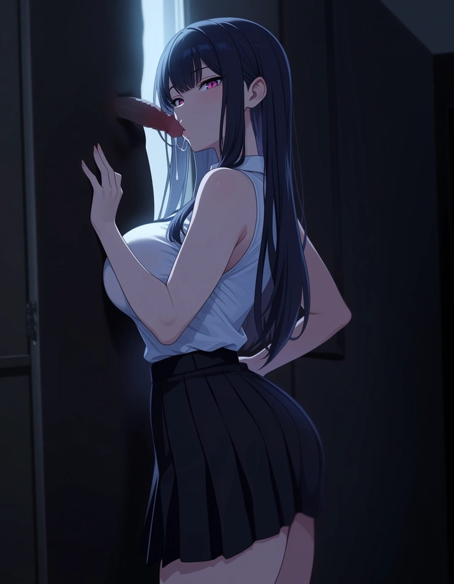 ultra detailed shading, office lady, bare arms, pleated skirt, blowjob, mysterious vibe, explicit anime render, hentai_studio_quality