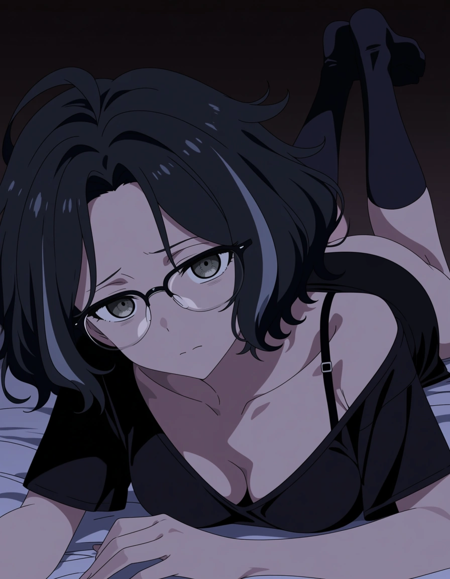 Black hair, (Gray streaks in hair:1.3)), short hair, wavy hair, forehead, gray eyes, Dark circles under the eyes, glasses, black shirt, black mini skirt, bra straps, exposed shoulder, black long socks, prone bone sex., (anime style:1.3), 2d, anime screencap, cel shading, flat color