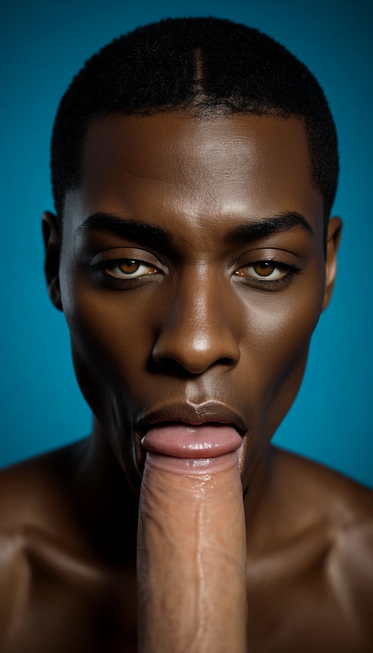 sharp focus, 8k uhd, male focus, oral, dark skin, blue background, seductive look, studio photo