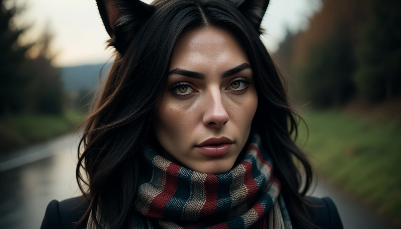 cinematic photo, 8k, catgirl, scarf, pleated skirt, futanari, blurry background, portrait, natural skin texture, score_9, score_8, candid photo, realistic skin texture, visible skin pores, film grain, depth of field