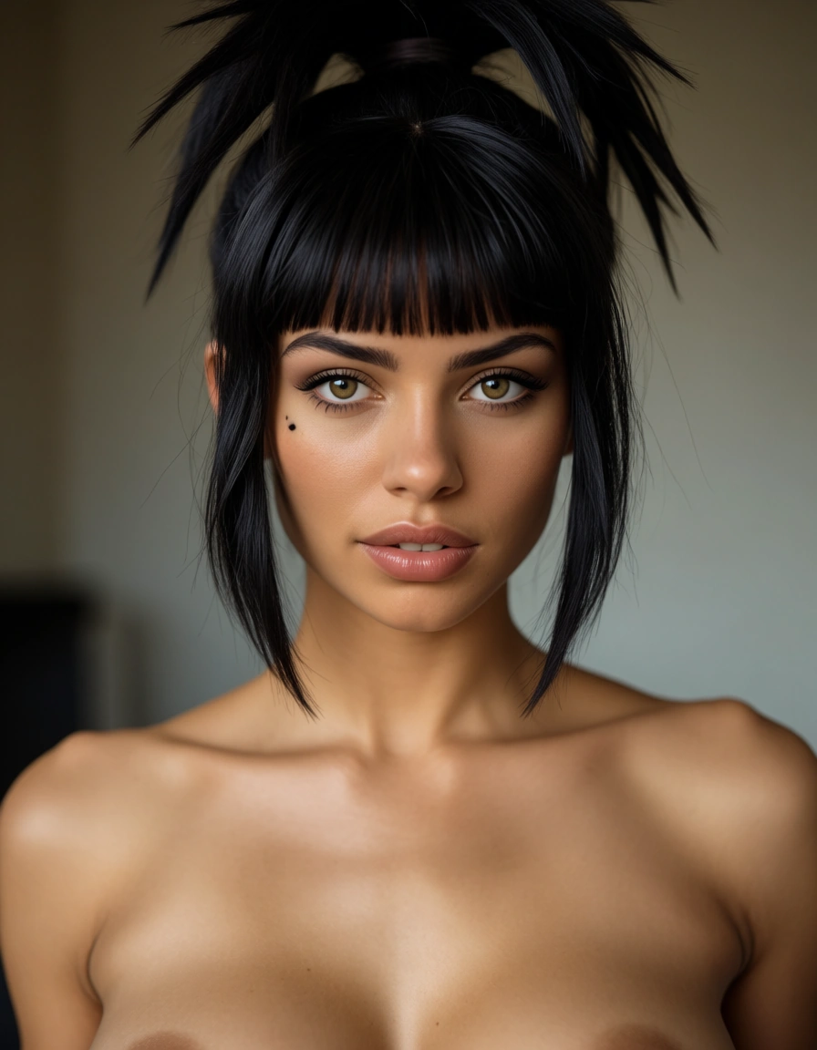 Nya from ninjago. Fully nude. Curvy yet fit. 23 years old. A realistic young woman with short, choppy black hair in a high messy ponytail, thick bangs framing her face, warm medium-tan skin, and a small beauty mark on her right cheek just below her eye., score_9, score_8, candid photo, realistic skin texture, visible skin pores, film grain, depth of field