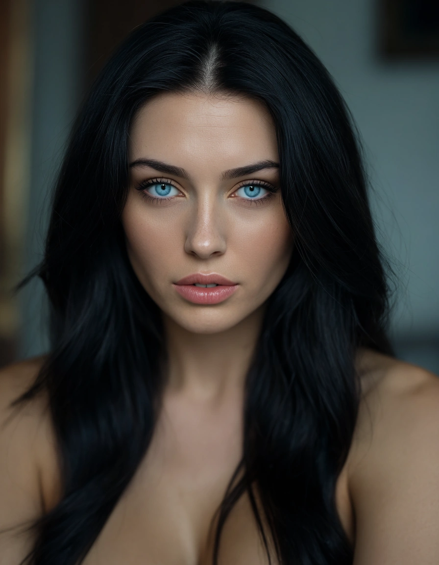 black_hair blue_eyes facial beautiful goddess white_skin house nude completely_nude full_body cute long_hair, score_9, score_8, candid photo, realistic skin texture, visible skin pores, film grain, depth of field