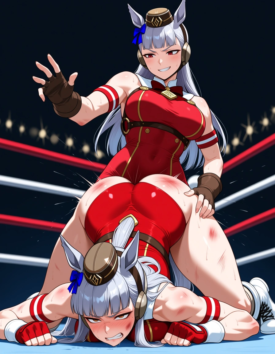 2girls, @gold_ship_(umamusume) , brigitte_(overwatch) , wrestling, defeated, bruised, catfight, squirting, strapon, doggystyle, hentai_studio_quality, hentai_studio_quality, hentai_studio_quality