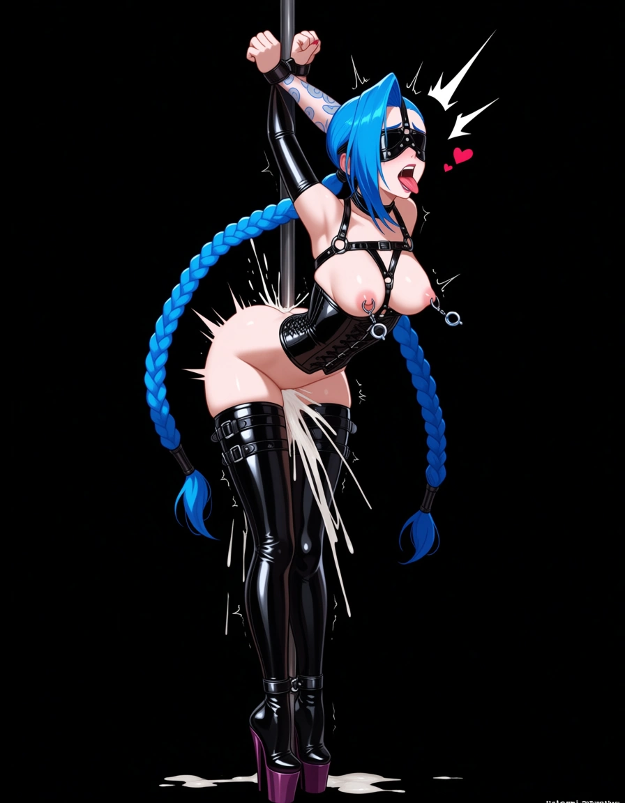caitlyn , vi, jinx, league_of_legends , latex, corset, bondage , ballgag, blindfolded, latex_bodysuit, tight_high_boots, harness, cum_overflow, orgasm, nipple_piercing, fucking_eachother, strapo_fuck, hentai_studio_quality