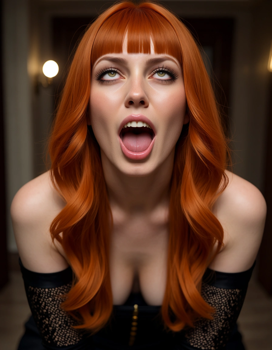 studio quality, sharp focus, redhead woman, blunt bangs, detached sleeves, ahegao, cinematic realism, score_9, score_8, candid photo, realistic skin texture, visible skin pores, film grain, depth of field