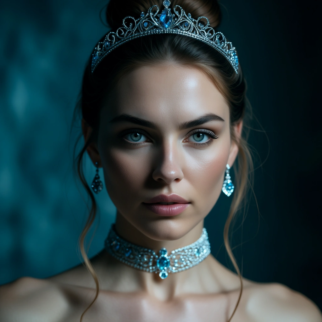8k, sharp focus, detailed skin, princess, hair bun, choker, grinding, cool tones, lifelike render