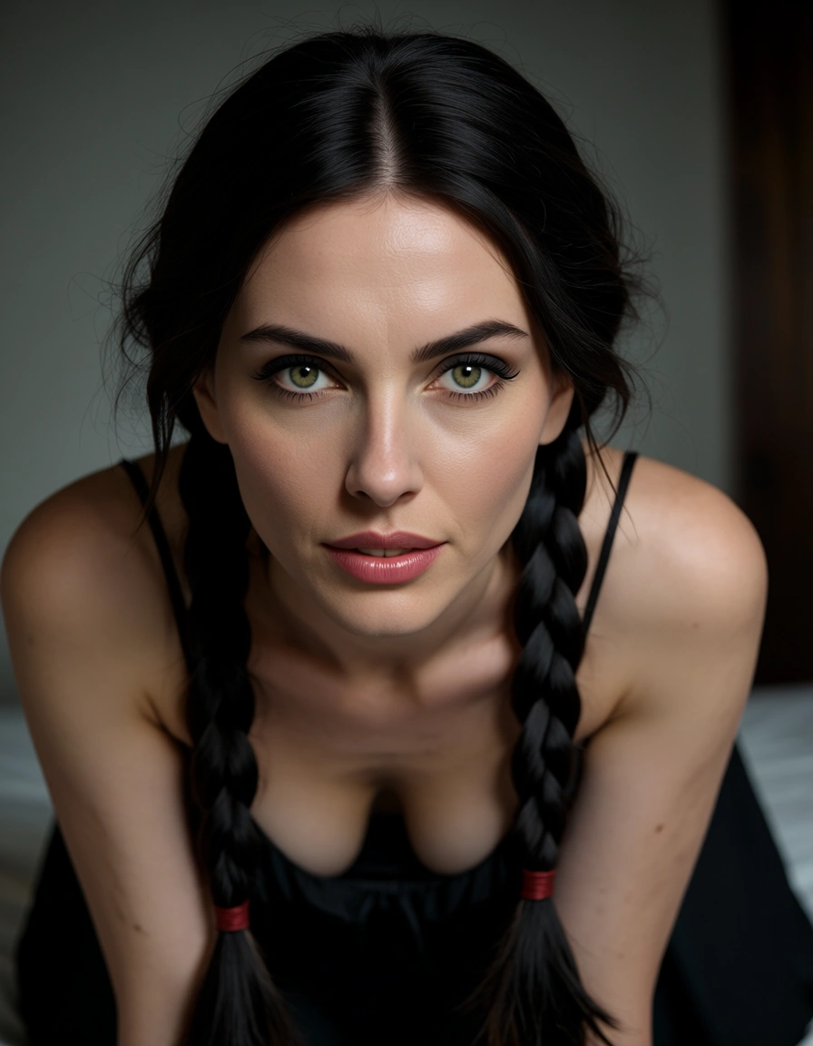 cinematic photo, 8k, demon girl, twin braids, dress, on all fours, RAW photo, score_9, score_8, candid photo, realistic skin texture, visible skin pores, film grain, depth of field