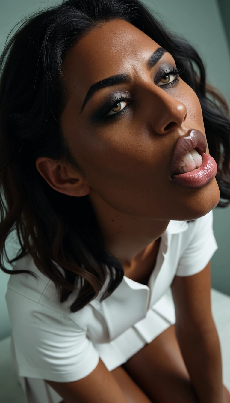 dslr, film grain, photorealistic, nurse, dark ebony skin, pleated skirt,f cub tits, deepthroat, dutch angle, 8k uhd photo