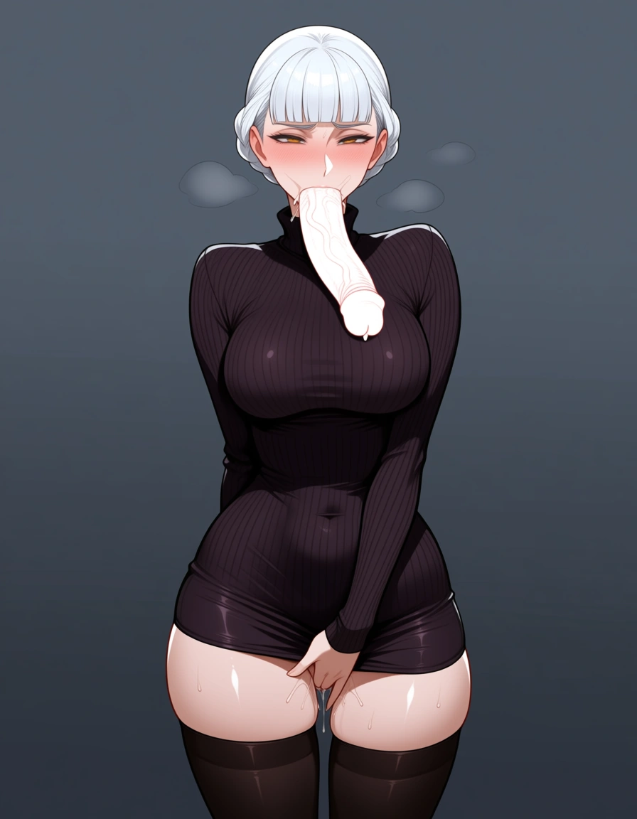 alice elliot from shadow hearts in a miniskirt with no_panties and no_bra in a nearly see through sweater in her normal thighhighs, swallowing white huge_penis down her throat, fingering herself, hentai_studio_quality, hentai_studio_quality, hentai_studio_quality, hentai_studio_quality, hentai_studio_quality