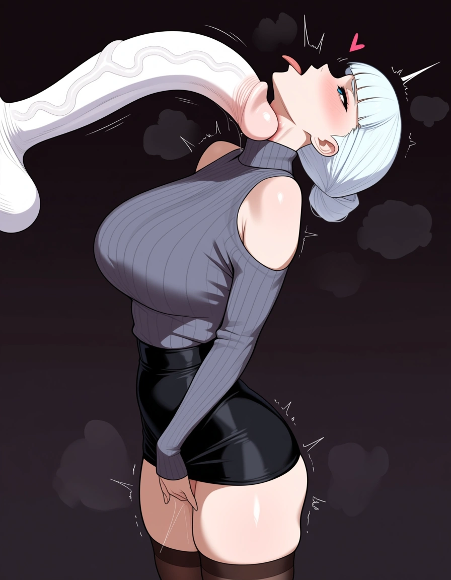 alice elliot from shadow hearts in a miniskirt with no_panties and no_bra in a nearly see through sweater in her normal thighhighs, swallowing white huge_penis down her throat fellatio, fingering herself, throat bulge, hentai_studio_quality