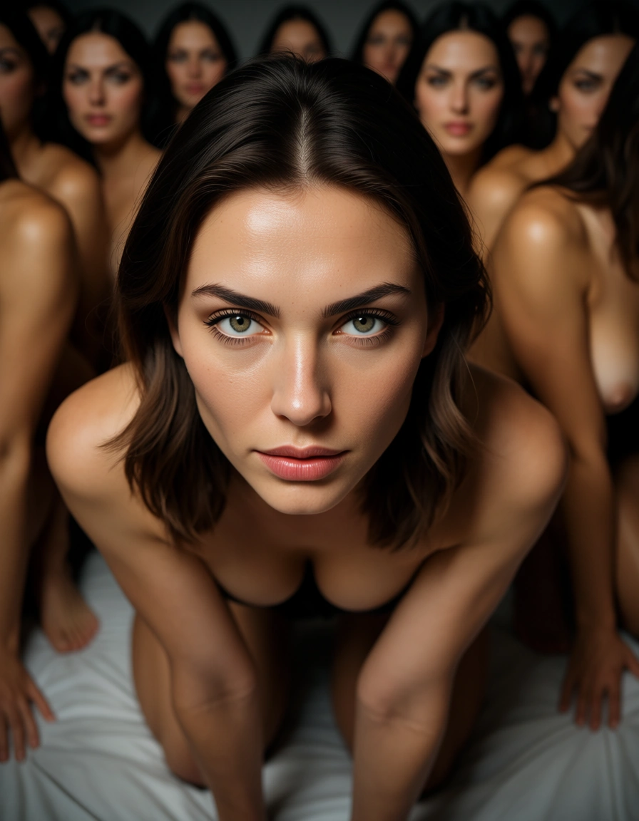 8k, sharp focus, detailed skin, portrait, 6+women, on all fours, feet, dslr quality, score_9, score_8, candid photo, realistic skin texture, visible skin pores, film grain, depth of field