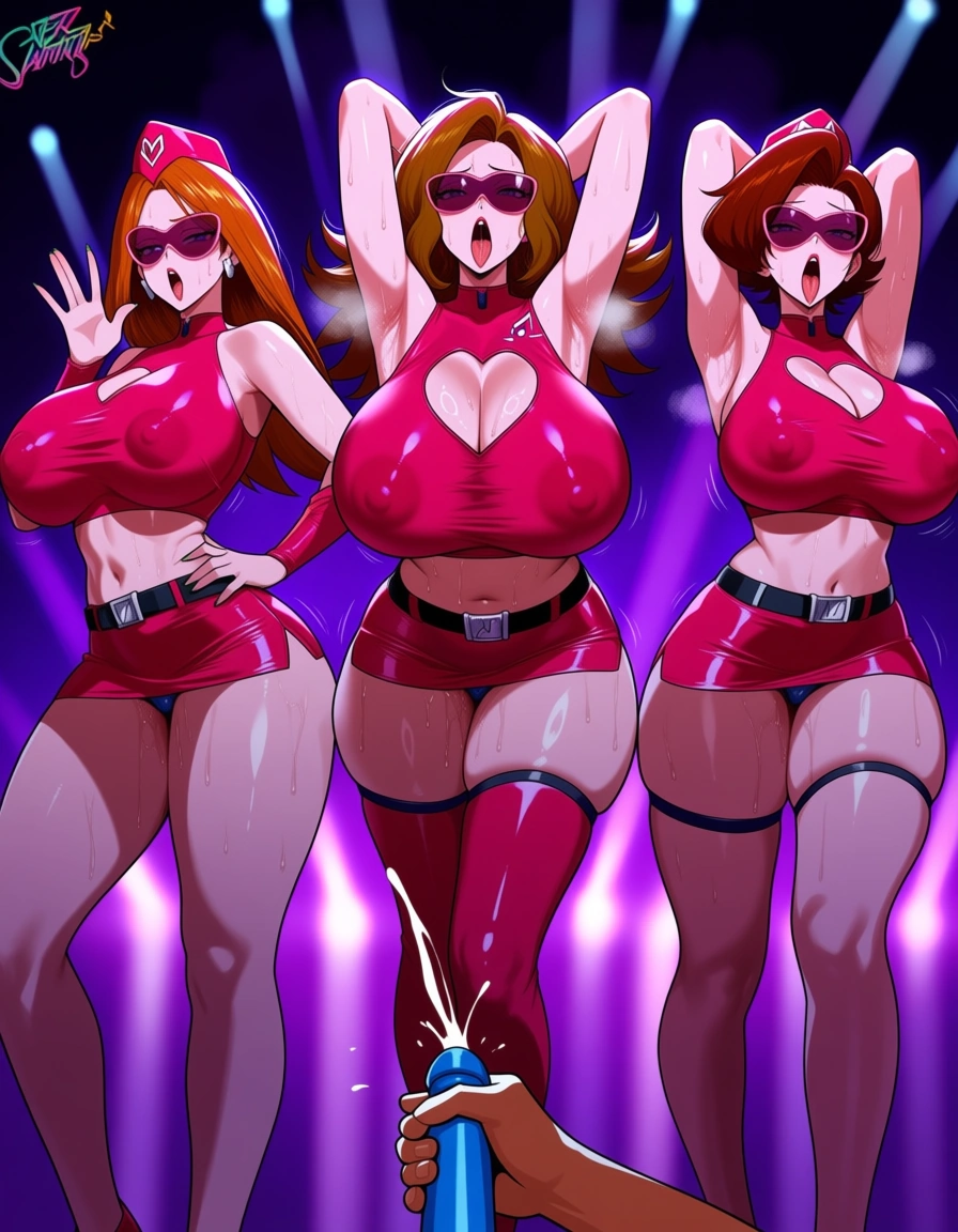 highres, vivid, 3girls, mommy kink huge_breasts wide_hips plump curvy microskirt nipple_slip skin_tight hat sweat sweaty armpits feminine odor jazzy music singing dancing sultry musical_note holding_microphone 1boy male pov age_difference younger male smaller male ejaculation spraying cum, hentai_studio_quality