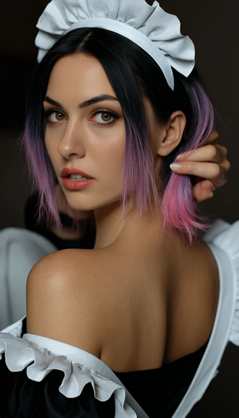 dslr, film grain, photorealistic, maid, multicolored hair, official alternate costume, hair pull, backlit