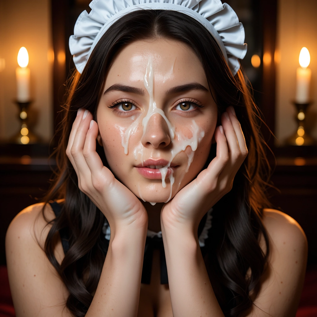 cinematic photo, 8k, maid, bare arms, official alternate costume, cum on face, candlelight, natural skin texture