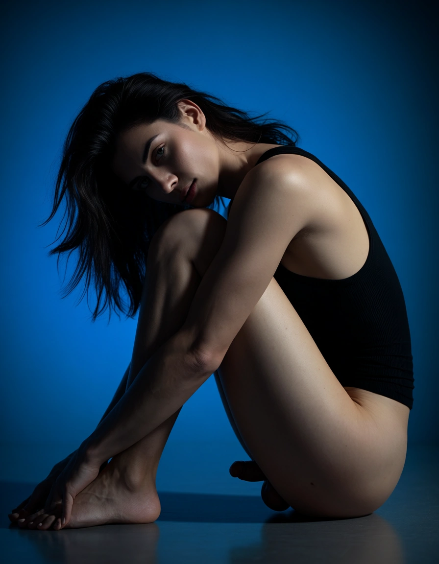 RAW photo, ultra realistic, male focus, barefoot, sleeveless, futanari, blue background, side view, ambient glow, dslr quality, score_9, score_8, candid photo, realistic skin texture, visible skin pores, film grain, depth of field