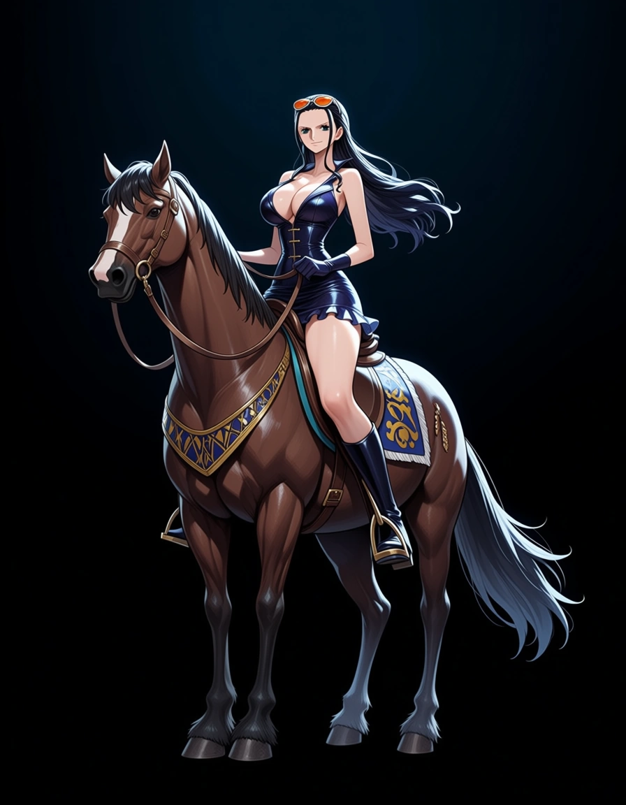 Detailed picture of Nico robin from one piece belly riding a horse, hentai_studio_quality