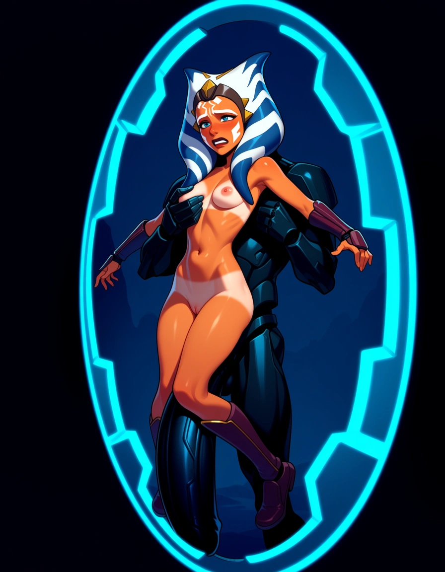 masterpiece, fine detail, best quality, very aesthetic , ahsoka tano from Star Wars, petite, tanlines, choking, portal, groping, robot, giant penis, public_indecency, humiliation, public use, size_difference, hentai_studio_quality