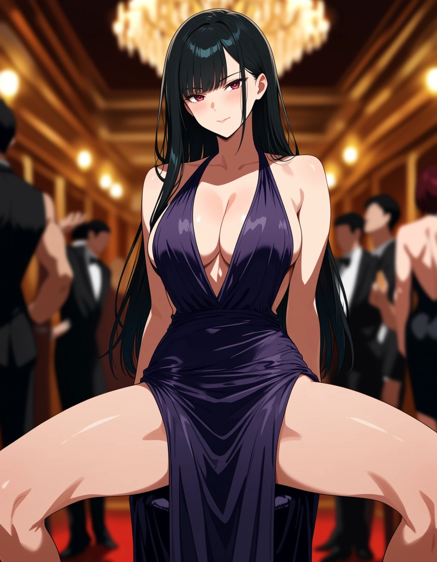 masterpiece, best quality, solo focus, athletic build, evening gown, spread legs, blurry background, vivid anime colors, hentai_studio_quality