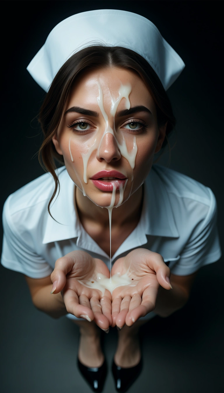 best quality, hyperrealistic, nurse, black footwear, white shirt, cum on face, black background, POV, cool tones, film photography