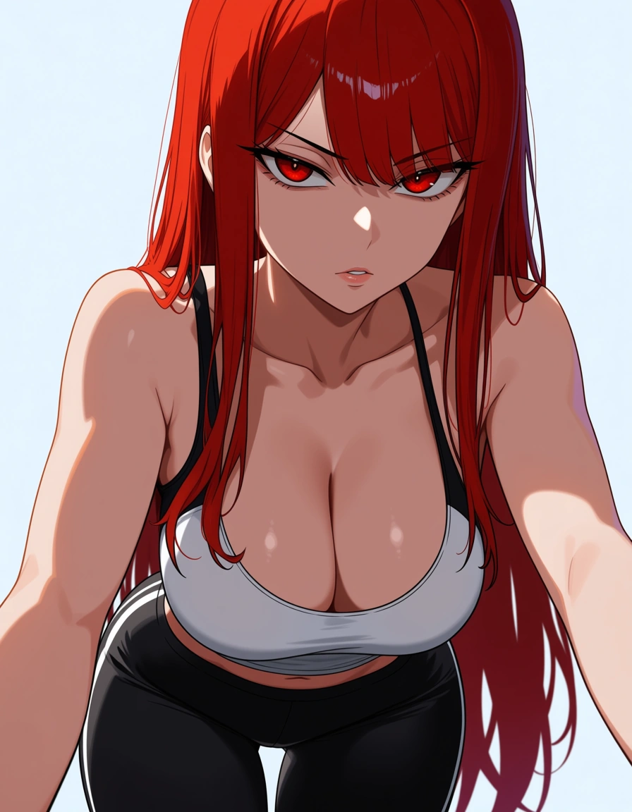 absurdres, highres, redhead woman, collarbone, alternate costume, doggy style, simple background, dominant stare, visual novel art, hentai_studio_quality