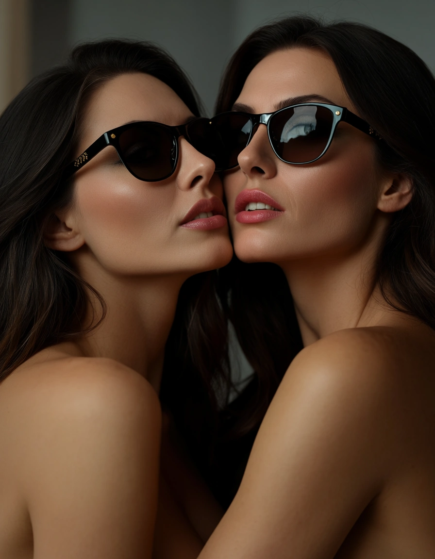 dslr, film grain, photorealistic, low angle, 2women, facesitting, sunglasses, studio photo, score_9, score_8, candid photo, realistic skin texture, visible skin pores, film grain, depth of field