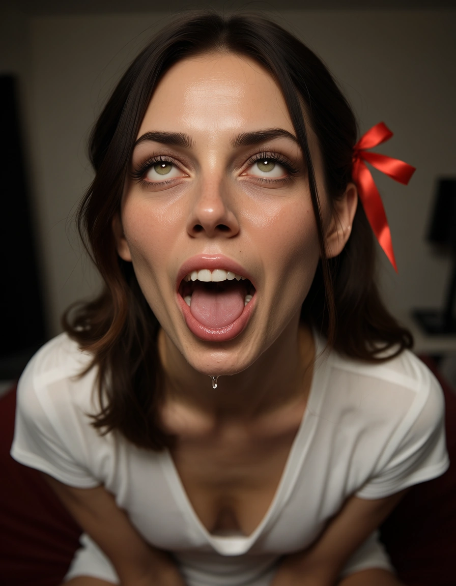 best quality, hyperrealistic, 1other, hair ribbon, short sleeves, ahegao, photorealistic, score_9, score_8, candid photo, realistic skin texture, visible skin pores, film grain, depth of field