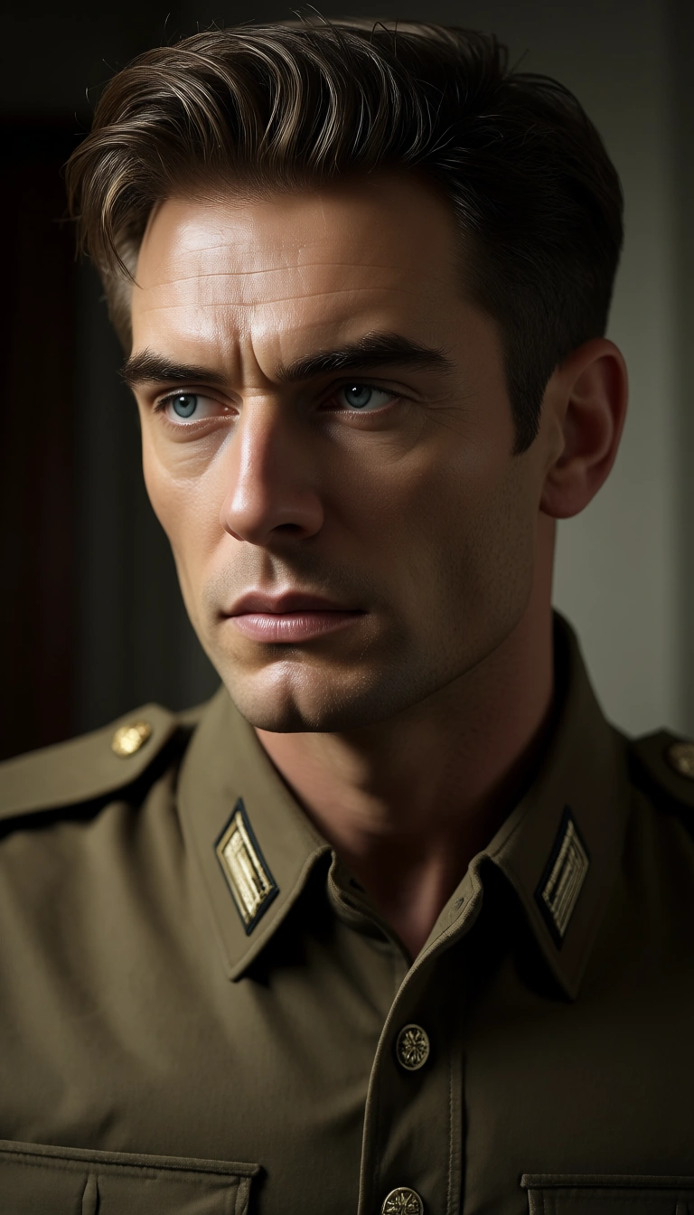 highly detailed, natural lighting, three-quarter view, 1boy, creampie, buttons, military, dominant stare, 8k uhd photo
