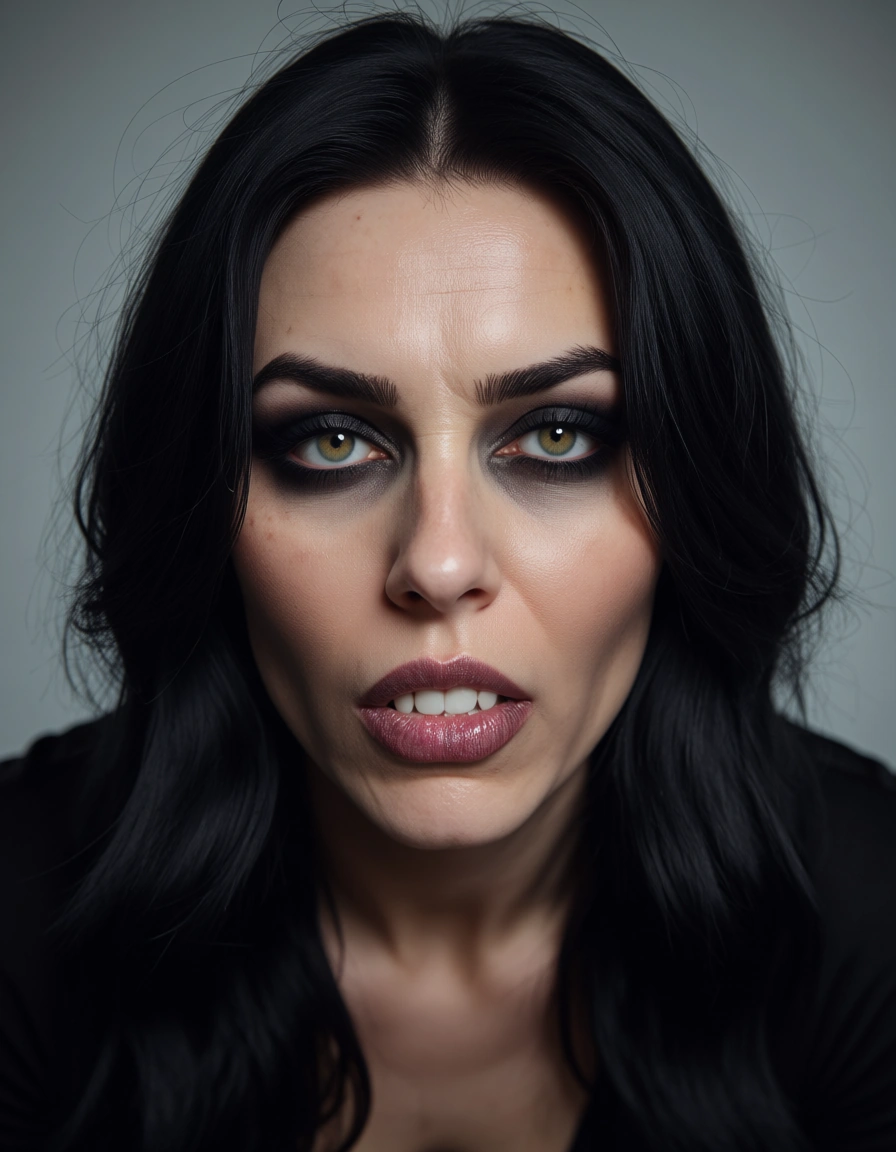Goth woman pov sloppy deepthroat, score_9, score_8, candid photo, realistic skin texture, visible skin pores, film grain, depth of field