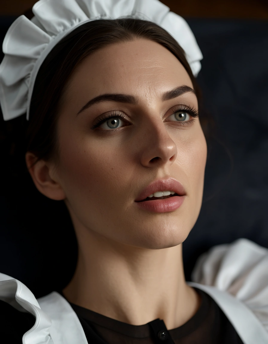 professional photo, high detail, maid, hair bun, shirt, missionary, lifelike render, score_9, score_8, candid photo, realistic skin texture, visible skin pores, film grain, depth of field