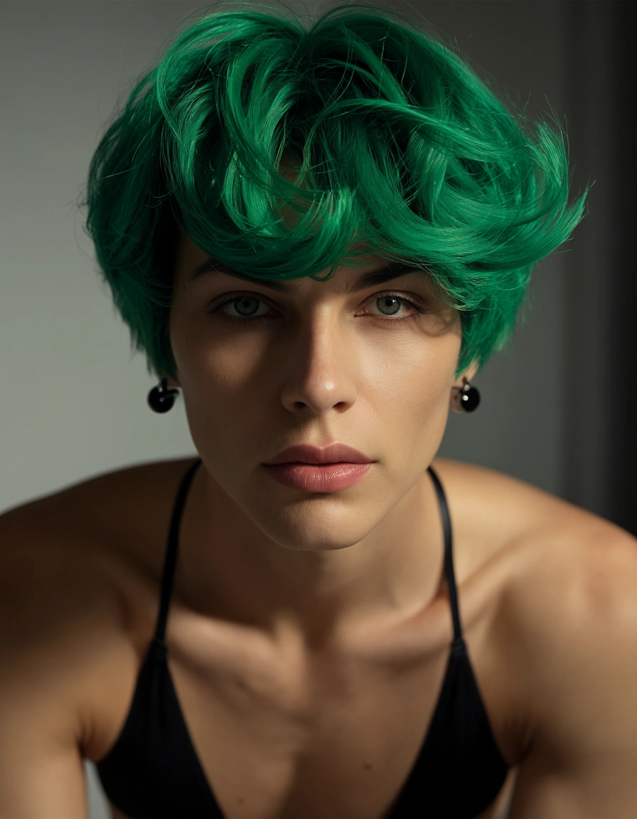 best quality, hyperrealistic, 1boy, green hair, swimsuit, facesitting, rim light, score_9, score_8, candid photo, realistic skin texture, visible skin pores, film grain, depth of field