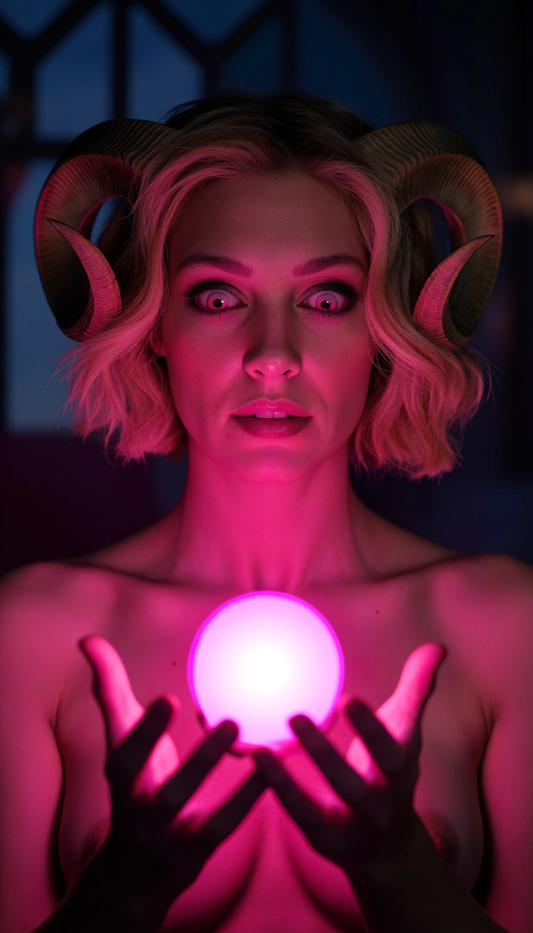 ultra HD, lifelike, portrait, dnd thiefling, short wavy_hair, naked, rams horns, magical pink light, athletic build, photorealistic, holding a bright magic sphere light in her hands, she looks at it with wonder, topless, magic tower interior, 21y old fashion model
