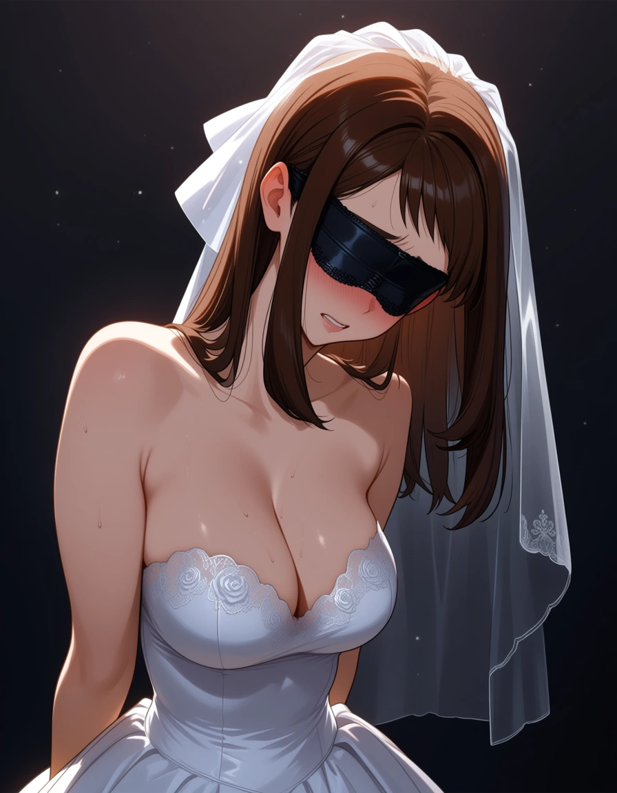 @uraraka_ochaco #wedding_dress #bridal_veil #lace #fellatio #kneeling #public_indecency #blindfold #brown_hair #bondage, hentai_studio_quality