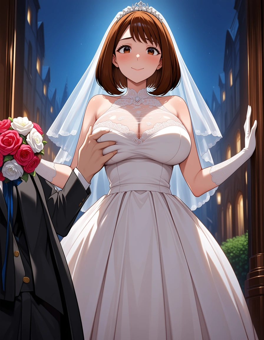 /ultra_detailed /best_quality @uraraka_ochaco #wedding_dress #bridal_veil #lace #kneeling #brown_hair #bondage #public_indecency, hentai_studio_quality
