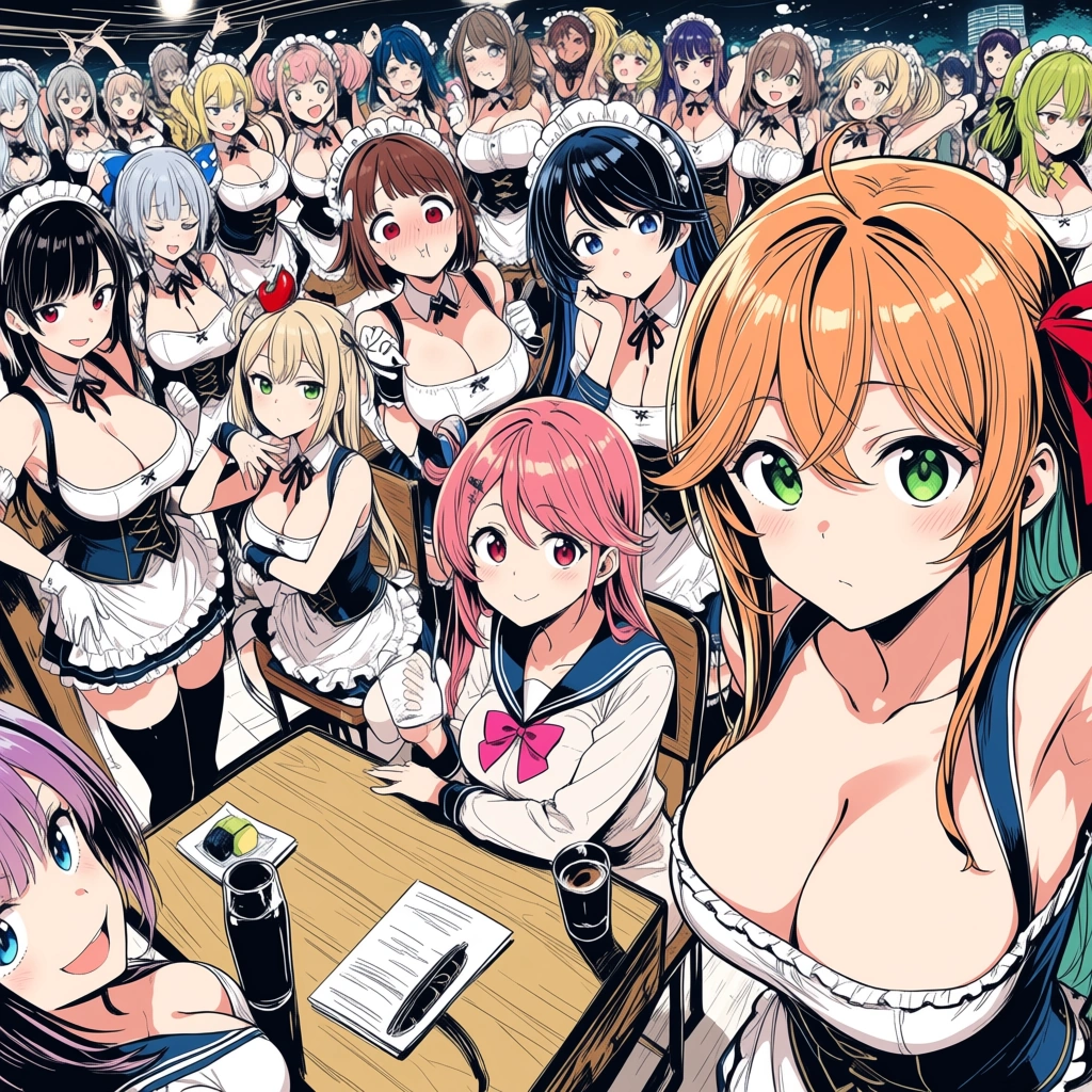 professional photo, high detail, wide shot, 6+girls, titfuck, cleavage, cinematic realism