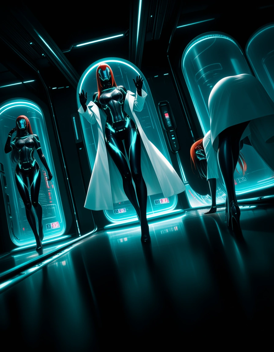 8k, sharp focus, detailed skin, dutch angle, 3girls, on all fours, hands up, indoors, hyperrealistic, @makise_kurisu, science_fiction, lab_coat, time_machine, long_hair, full_body, walking, simple_background, hentai_studio_quality, hentai_studio_quality