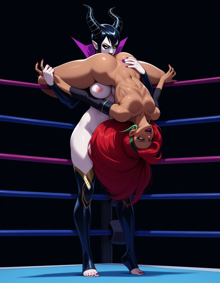 2girls , yuri sex , wrestling_ring , maleficent evil_smile assertive_female nude , urbosa upside-down cunnilingus, hentai_studio_quality, hentai_studio_quality, hentai_studio_quality