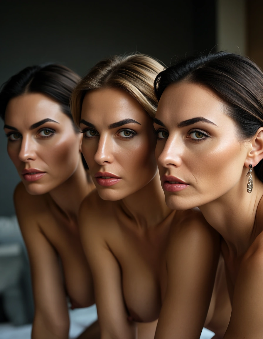 highly detailed, natural lighting, 3girls, earrings, doggy style, hyperrealistic, score_9, score_8, candid photo, realistic skin texture, visible skin pores, film grain, depth of field