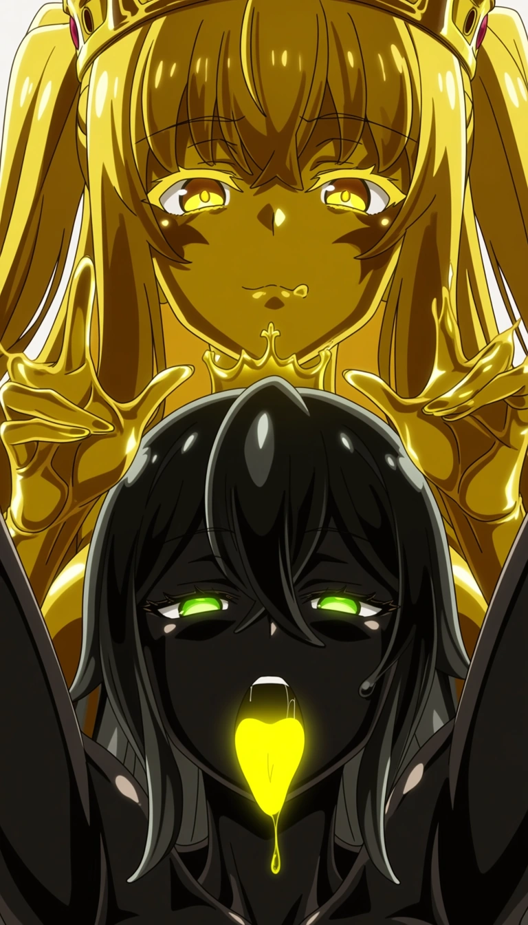a sexy nude gold skinned royal anime slime girl wearing a king crown putting her hands on a sexy nude dark black skinned anime slime girl (the gold girl shows off her hot melting glowing yellow tongue to her girlfriend) (her black slime girlfriend's mouth is closed) she looks at her new girlfriend with heavy lust) (two girls in on frame) (her girlfrend begins swallowing the tongue as it melts in her mouth)