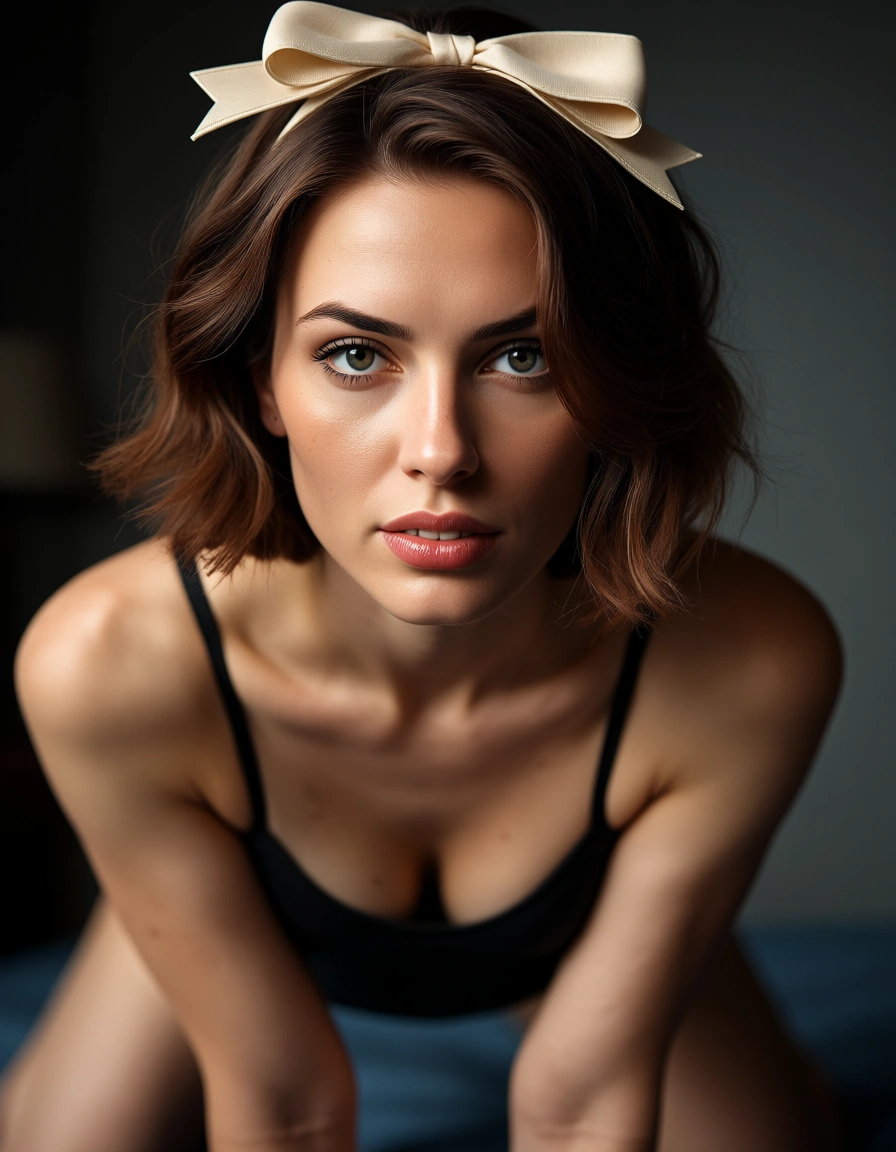 studio quality, sharp focus, 1girl, brown hair, bow, doggy style, cinematic realism, score_9, score_8, candid photo, realistic skin texture, visible skin pores, film grain, depth of field