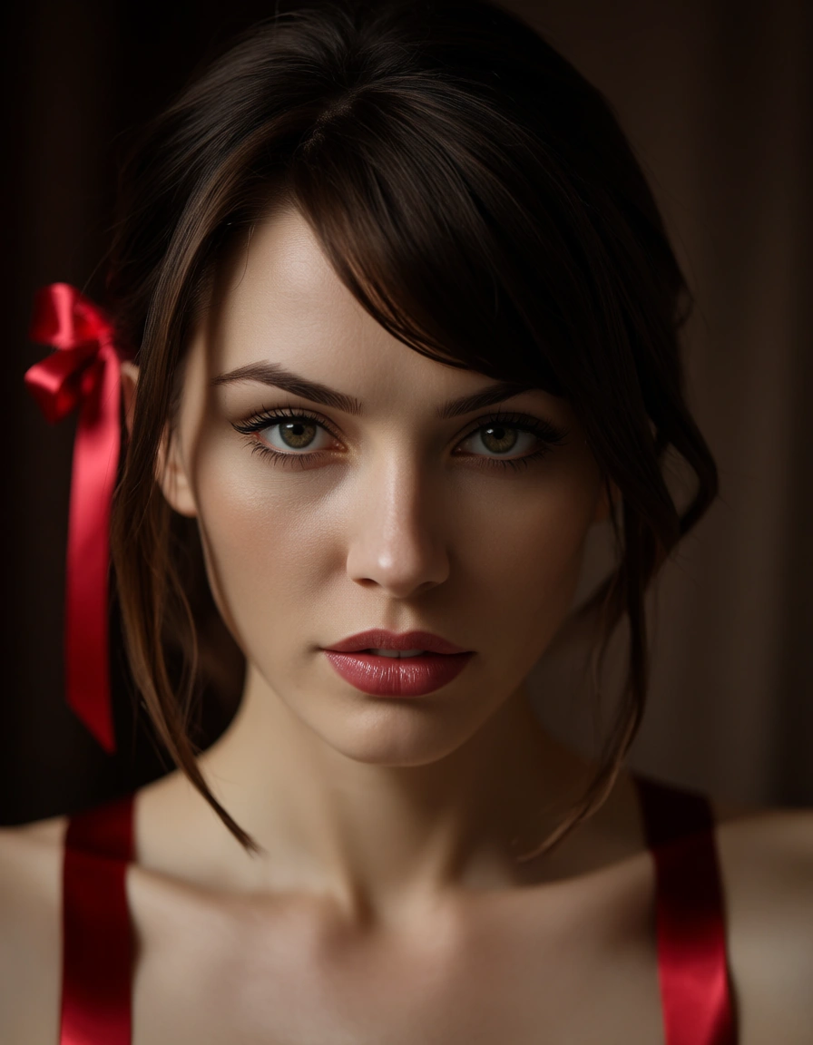 sharp focus, 8k uhd, solo, swept bangs, ribbon, presenting, cinematic realism, score_9, score_8, candid photo, realistic skin texture, visible skin pores, film grain, depth of field