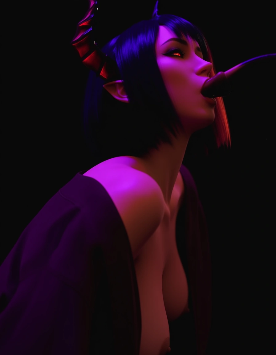 cinematic photo, 8k, demon girl, short hair, open clothes, blowjob, soft lighting, lifelike render, hentai_studio_quality