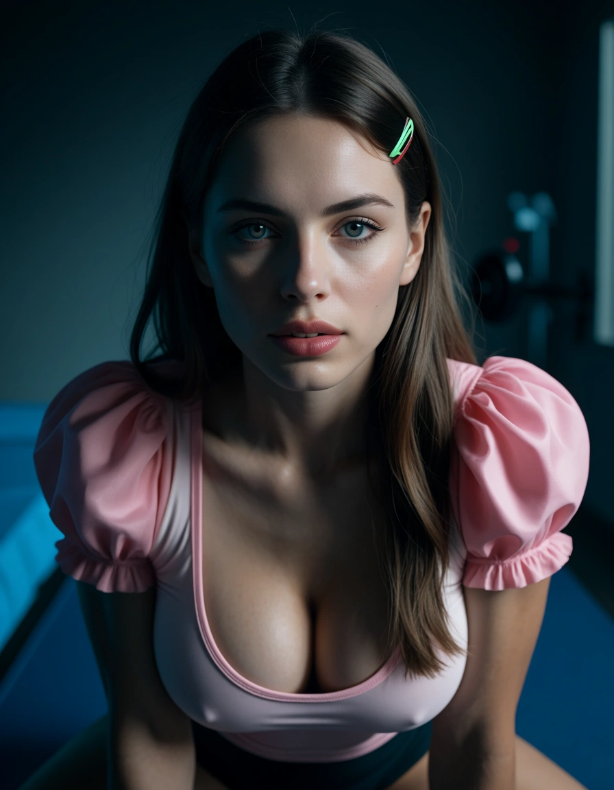 cinematic photo, 8k, fitness model, hairclip, puffy sleeves, creampie, moonlight, studio photo, score_9, score_8, candid photo, realistic skin texture, visible skin pores, film grain, depth of field